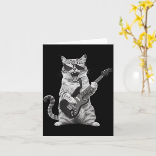 Cat Playing Guitar Rock Star Rock And Roll Men Wom カード (黄色い花)