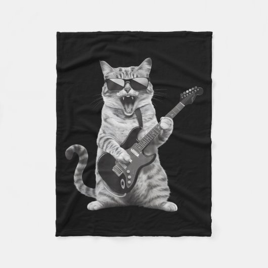 Cat Playing Guitar Rock Star Rock And Roll Men Wom フリースブランケット (正面)