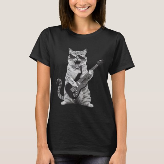 Cat Playing Guitar Rock Star Rock And Roll Men Wom Tシャツ (正面)