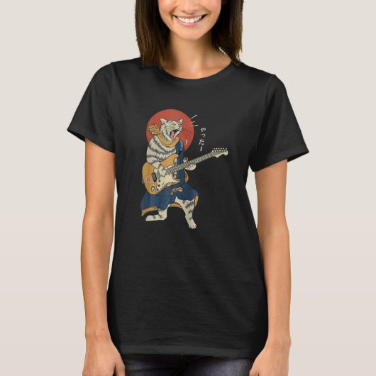 Cat Playing Guitar Ukiyo E Samurai Japanese Warrio Tシャツ (正面)