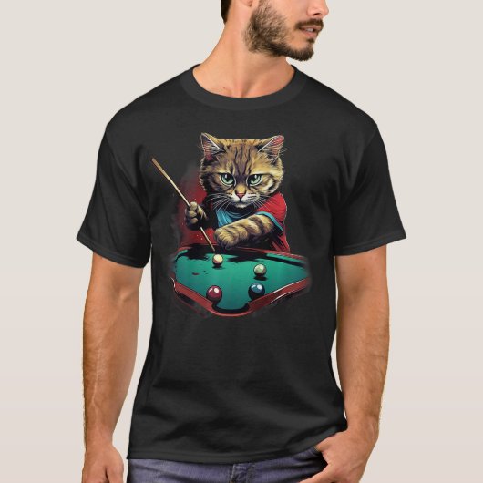 Cat Playing Pool Billiards Cool Funny Cats (2) Tシャツ (正面)