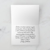 Cat pondering on Halloween in a cozy living room カード (内部)