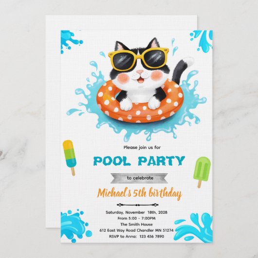 Cat pool party invitation 招待状 (正面/裏面)