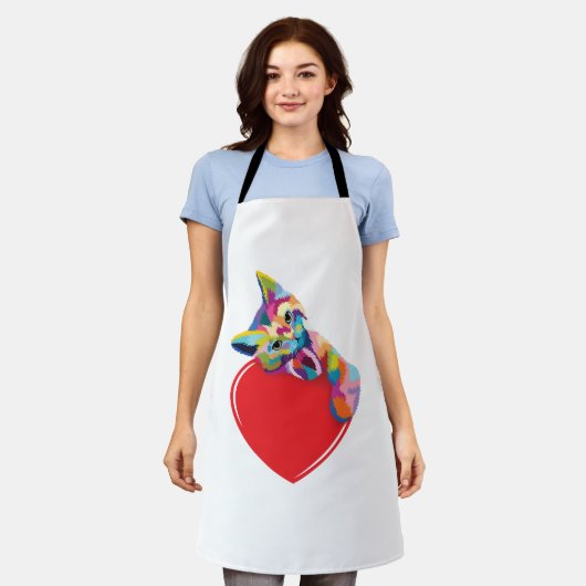 Cat Pop Art Style Kitty On A Heart エプロン (着用した状態)