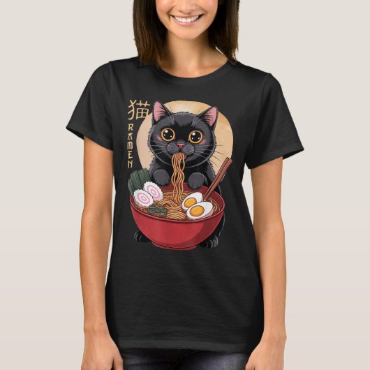 Cat Ramen Funny Graphic Tees Japanese Kawaii Cat A Tシャツ (正面)