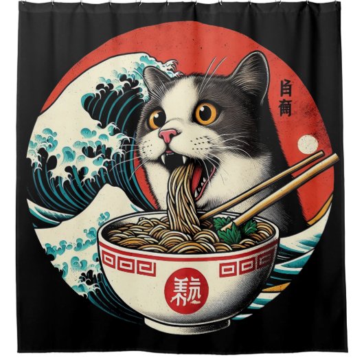 Cat Ramen Japanese Art Vintage Style シャワーカーテン (正面)