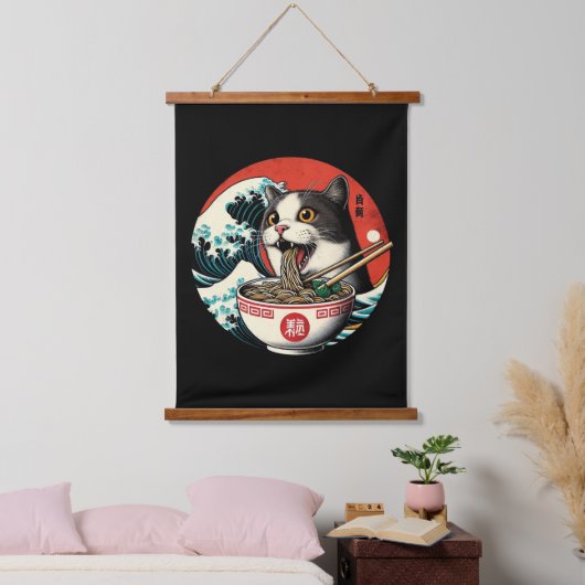 Cat Ramen Japanese Art Vintage Style 吊り下げ型タペストリー (寝室)