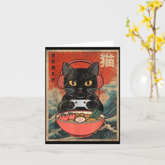 Cat Ramen Japanese Funny Graphic Kawaii Anime  カード (黄色い花)