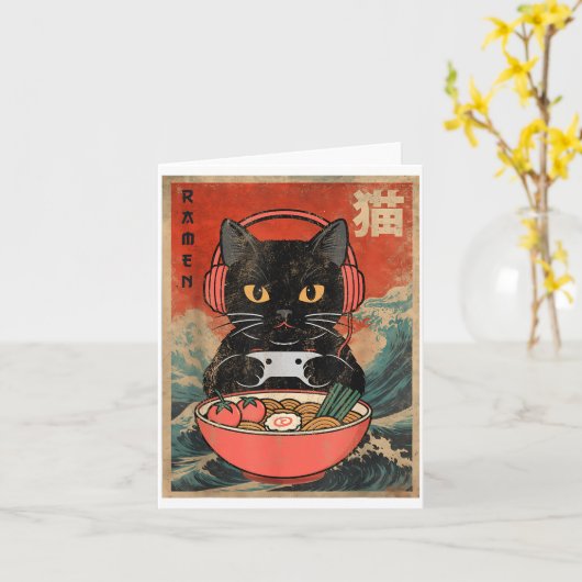 Cat Ramen Japanese Funny Graphic Kawaii Anime カード (黄色い花)