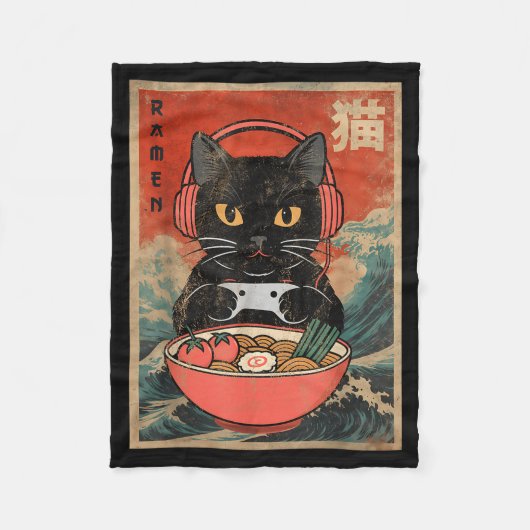 Cat Ramen Japanese Funny Graphic Kawaii Anime  フリースブランケット (正面)