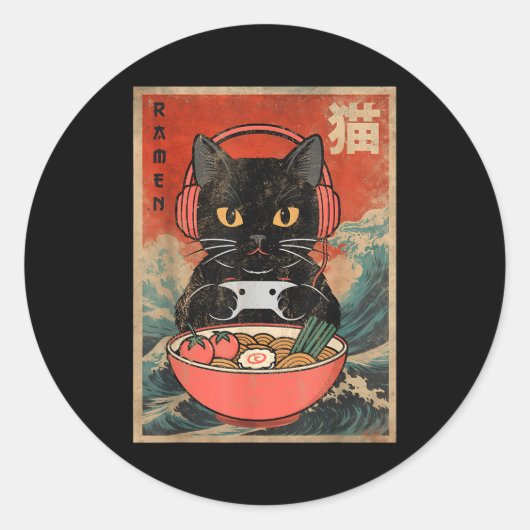 Cat Ramen Japanese Funny Graphic Kawaii Anime  ラウンドシール (正面)