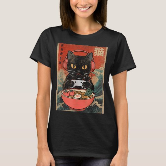 Cat Ramen Japanese Funny Graphic Kawaii Anime  Tシャツ (正面)