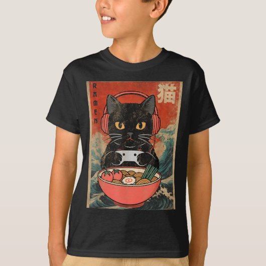 Cat Ramen Japanese Funny Graphic Kawaii Anime  Tシャツ (正面)