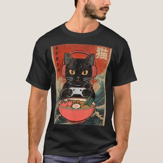 Cat Ramen Japanese Funny Graphic Kawaii Anime Tシャツ (正面)