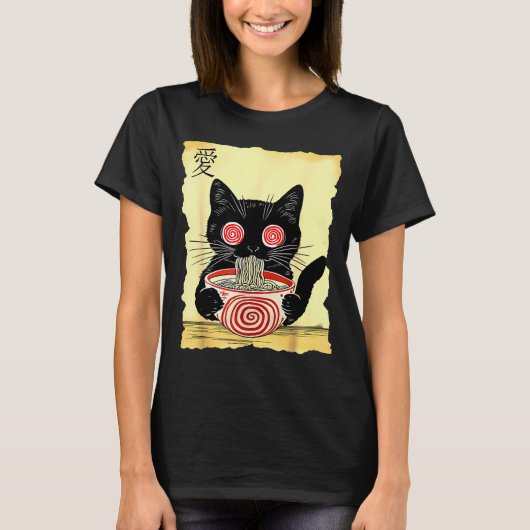 Cat Ramen Japanese Funny Graphic Tees Kawaii Anime Tシャツ (正面)