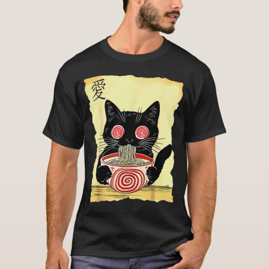 Cat Ramen Japanese Funny Graphic Tees Kawaii Anime Tシャツ (正面)