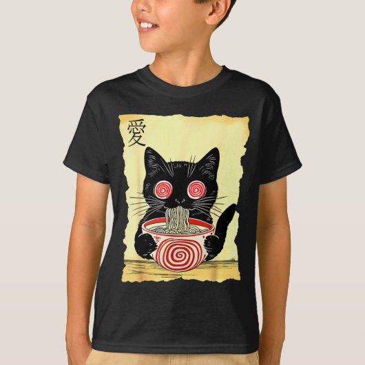 Cat Ramen Japanese Funny Graphic Tees Kawaii Anime Tシャツ (正面)
