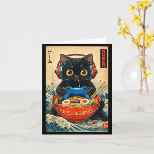 Cat Ramen Japanese Funny Graphic Tees Kawaii Cat A カード (黄色い花)