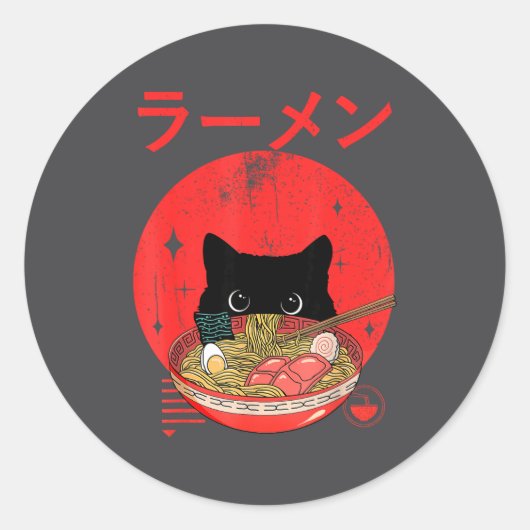 Cat Ramen Japanese Funny Graphic Tees Kawaii Cat A ラウンドシール (正面)