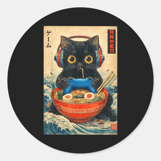 Cat Ramen Japanese Funny Graphic Tees Kawaii Cat A ラウンドシール (正面)