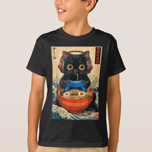 Cat Ramen Japanese Funny Graphic Tees Kawaii Cat A Tシャツ (正面)