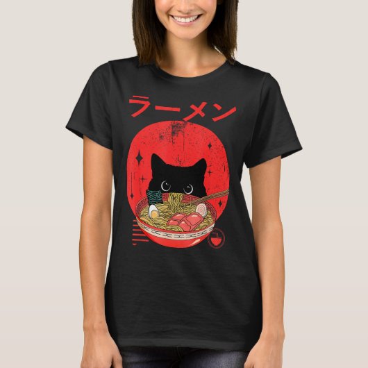 Cat Ramen Japanese Funny Graphic Tees Kawaii Cat A Tシャツ (正面)