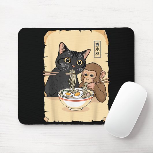 Cat Ramen Monkey Shirt Funny Cat Monkey Eating Ram マウスパッド (マウス)