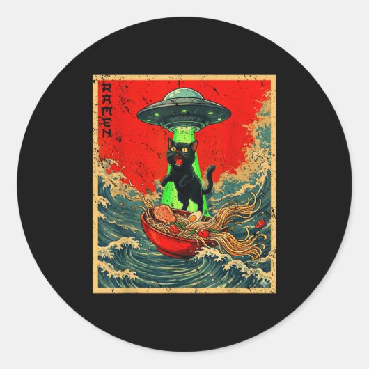 Cat Ramen Ufo Japanese Anime Graphic Tees Men Wome ラウンドシール (正面)