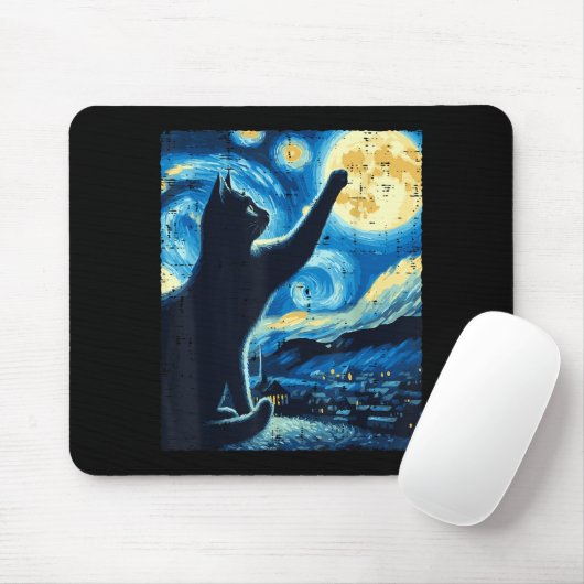 Cat Reaching Moon Starry Night Funny Kitten Men Wo マウスパッド (マウス)