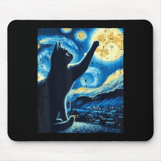 Cat Reaching Moon Starry Night Funny Kitten Men Wo マウスパッド (正面)