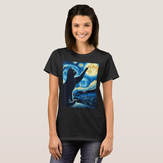 Cat Reaching Moon Starry Night Funny Kitten Men Wo Tシャツ (正面フル)