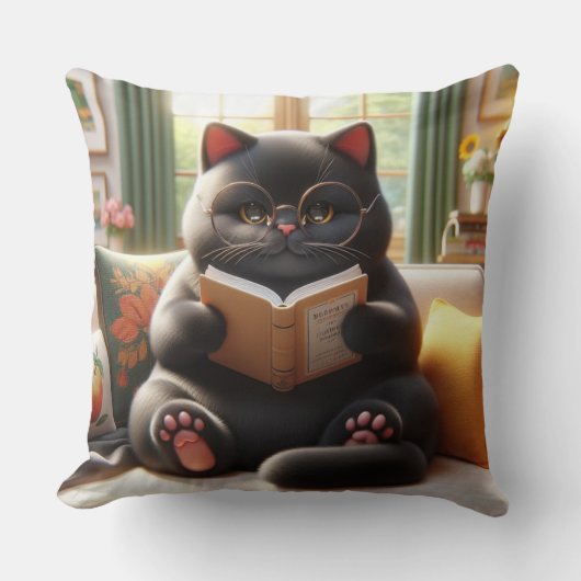 Cat reading a book on sofa クッション (正面)