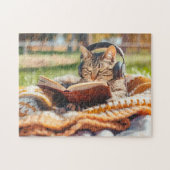 Cat reading book on knitted blanket ジグソーパズル (横)