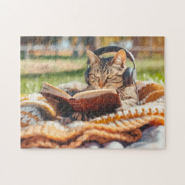 Cat reading book on knitted blanket ジグソーパズル