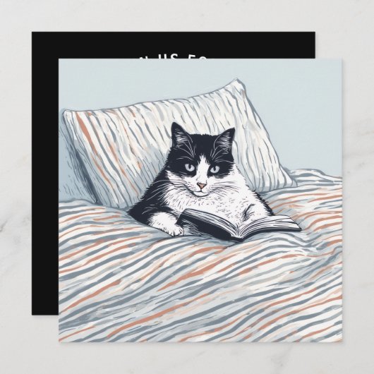 cat reading in bed 招待状 (正面/裏面)
