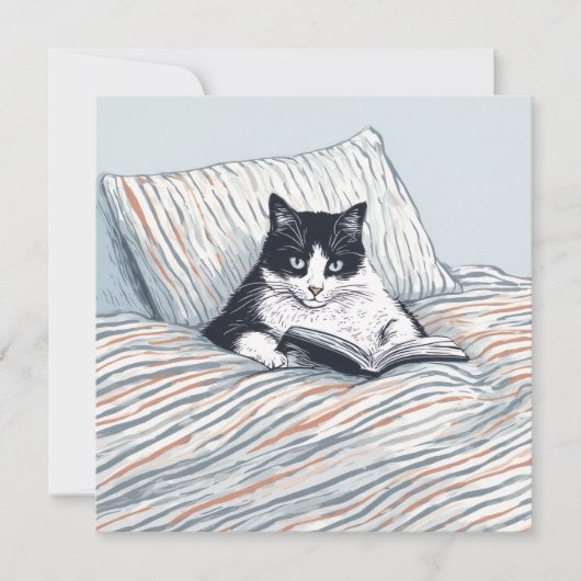 cat reading in bed 招待状 (正面)