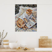 Cat Reading In Bed Cute Wall Art Poster Print ポスター (キッチン)