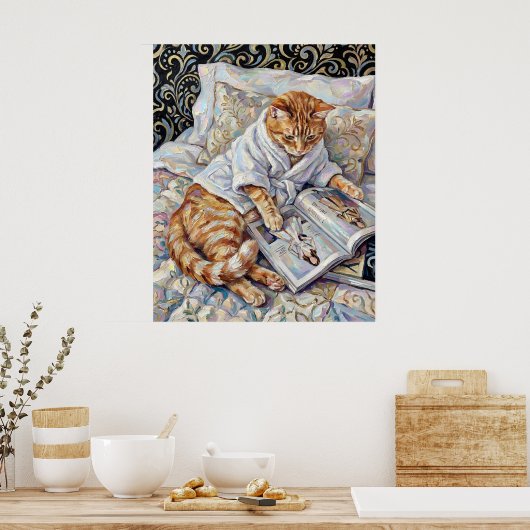 Cat Reading In Bed Cute Wall Art Poster Print ポスター (キッチン)