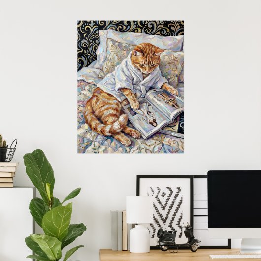 Cat Reading In Bed Cute Wall Art Poster Print ポスター (ホームオフィス)