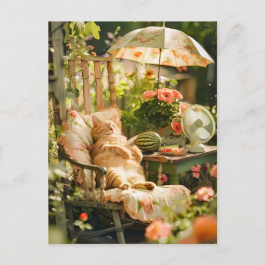 Cat Relaxing in Deck Chair Under Sun Umbrella ポストカード (正面)