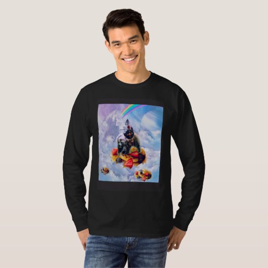 Cat Riding Bear On Clouds And Waffles Tシャツ (正面フル)