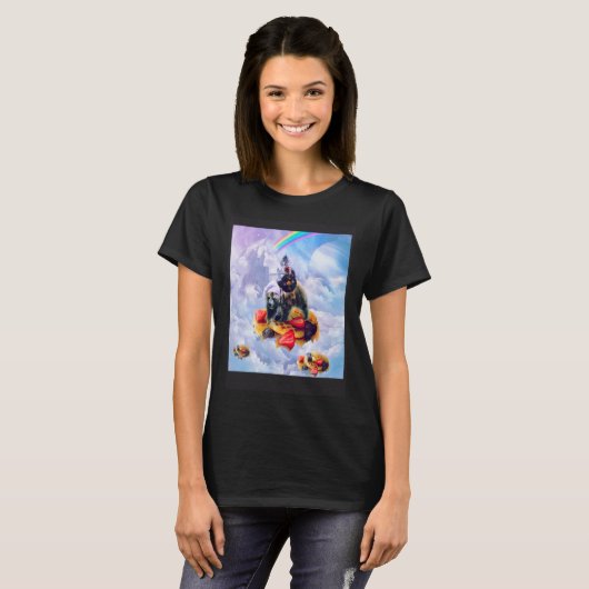 Cat Riding Bear On Clouds And Waffles Tシャツ (正面フル)