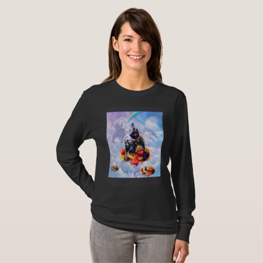 Cat Riding Bear On Clouds And Waffles Tシャツ (正面フル)