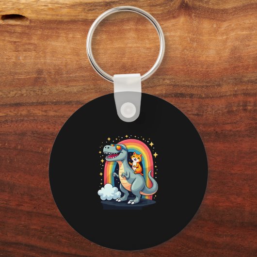 Cat Riding Dinosaur T-Rex Kitten Rainbow Dino Funn キーホルダー (正面)