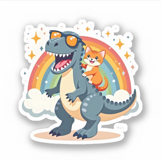 Cat Riding Dinosaur T-Rex Kitten Rainbow Dino Funn シール (正面)