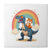 Cat Riding Dinosaur T-Rex Kitten Rainbow Dino Funn タイル (正面)