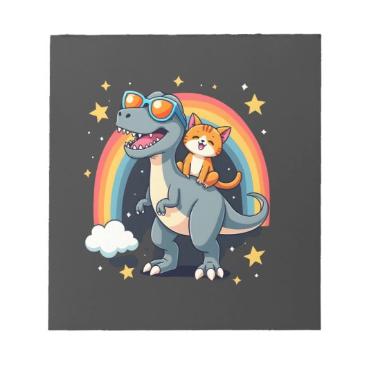 Cat Riding Dinosaur T-Rex Kitten Rainbow Dino Funn ノートパッド (正面)