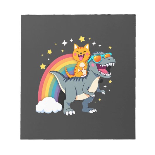 Cat Riding Dinosaur T-Rex Kitten Rainbow Dino Funn ノートパッド (正面)
