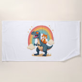 Cat Riding Dinosaur T-Rex Kitten Rainbow Dino Funn ビーチタオル (正面)