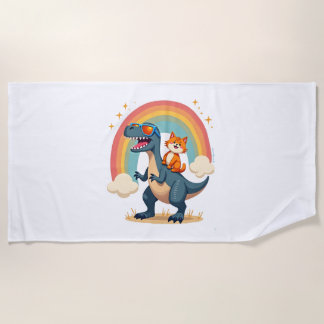 Cat Riding Dinosaur T-Rex Kitten Rainbow Dino Funn ビーチタオル